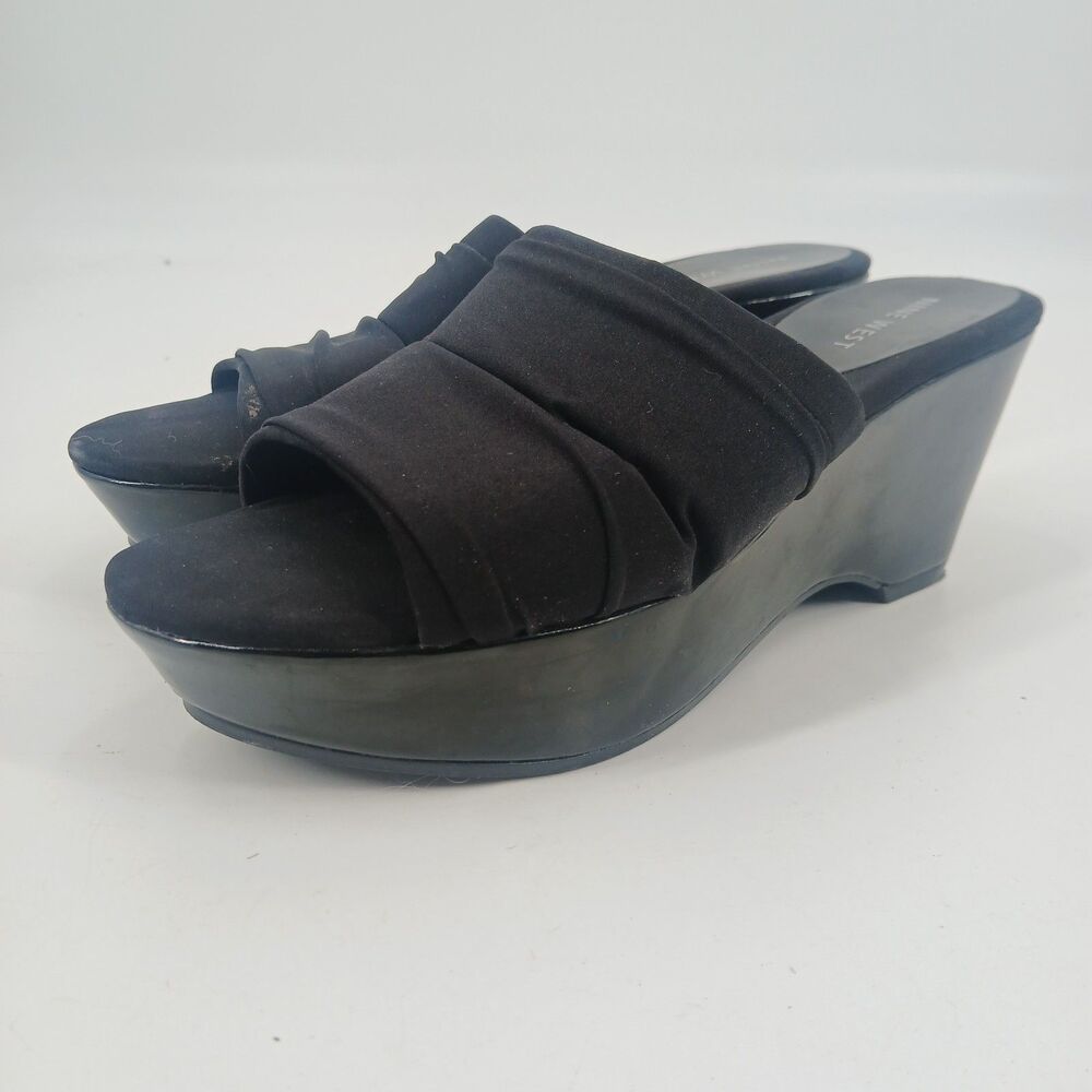 Nine West Black Fabric Wedge Sandals Mule Platform Heels Womens Size 5.5